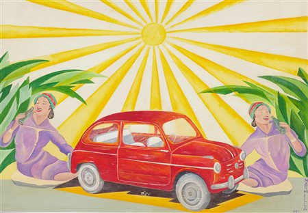 Mino Marmilla (1906 - 1978) L'estate con la mitica 600 Olio su carta intelata...