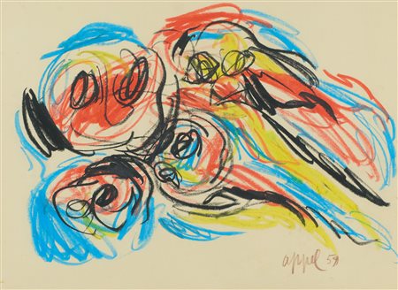 Karel Appel (Amsterdam, 1921 - Zurigo, 2006) Figures 1959 Pastello a cera su...