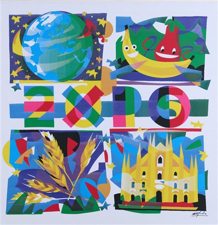 Ugo Nespolo (Mosso Santa Maria (Bi), 1941) Expo 2015 Arazzo cm. 64x68 Firmato...