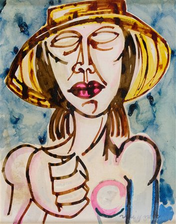 Giuseppe Migneco (Messina, 1908 - Milano, 1997) Figura China acquerellata su...