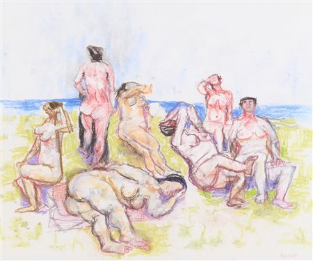 Fausto Pirandello (Roma, 1899 - Roma, 1975) Bagnanti Tecnica mista e pastelli...