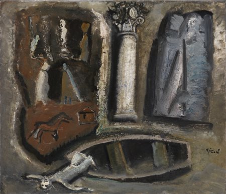 Mario Sironi (Sassari, 1885 - Milano, 1961) Composizione 1947 c.a. Olio su...