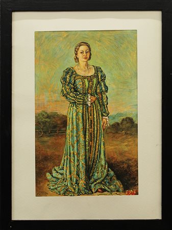 GIORGIO DE CHIRICO, "Ritratto di Isabella Far in costume del 600", ripreso dal dipinto del 1958