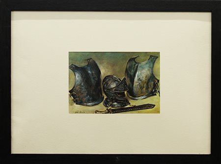 GIORGIO DE CHIRICO, "Villa silente di corazze", ripreso dal dipinto del 1958