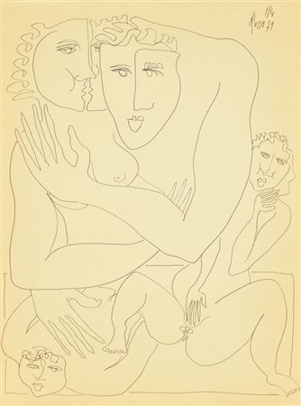 Russo BACIO CON FIGURE pennarello su carta, cm 40x30 firma e data eseguito...