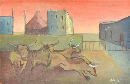 Polastri CARICA DI TORI tempera su cartone telato, cm 27x40 firma Danni