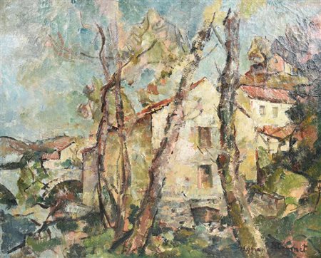 Aymar (attribuito a) Mermet PAESAGGIO CON CASOLARI E ALBERI olio su tela, cm...