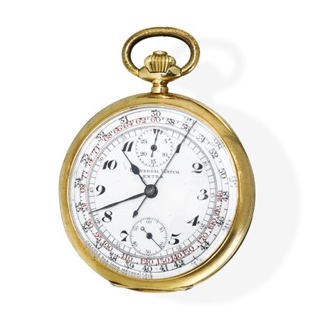 Universal Watch Extra - Orologio da tasca in oro 18 kt con numeri arabi in nero e contatore ausiliare dei secondi, 1920s/1930s