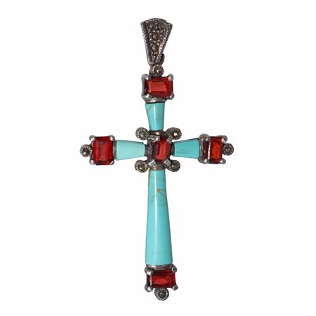 Croce in argento 925 con turchesi e pietre