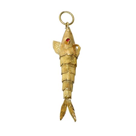 Pendentif a forma di pesce articolato in oro giallo 750 con occhio in rubino