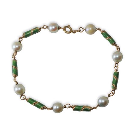 Bracciale in oro 750 con perle e smalti verdi