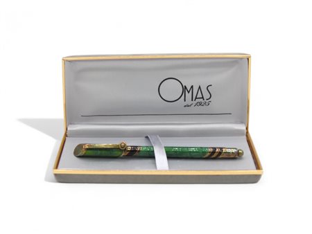 Penna a sfera in argento 925, Omas placcato oro e smalti, serbatoio...