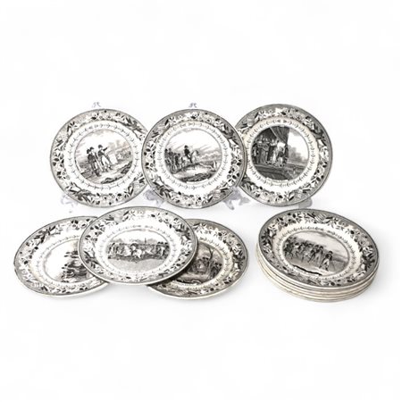 Dodici piatti in terraglia Francia, seconda metà sec. XIX decorati con storie...