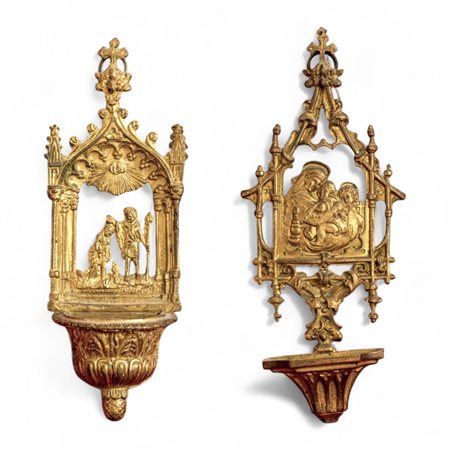 Due acquasantiere in gelamina dorata realizzate con la Madonna della Seggiola...