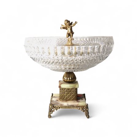 Alzata in cristallo molato e metallo dorato su base in onice Altezza cm 20