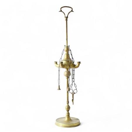 Grande lucerna fiorentina XIX secolo In ottone a quattro becchi, completa di...