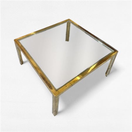 Tavolo basso da salotto in ottone dorato, acciaio e vetro piano quadrato,...