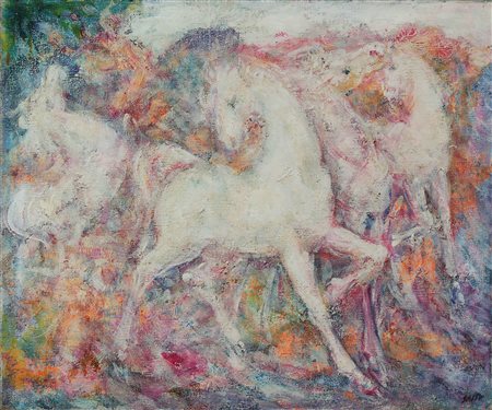 SASSU ALIGI (1912 - 2000) Bianchi destrieri. 1976. Olio su tela . Cm 46,00 x...