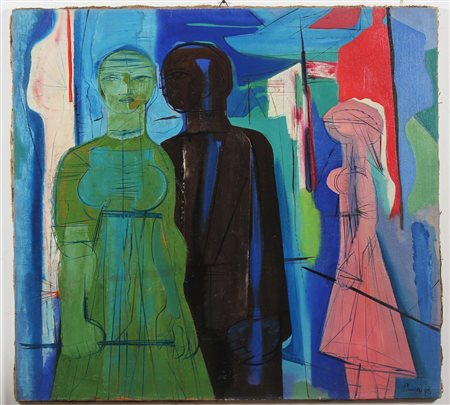 PRICA ZLATKO (1916 - 2003) Giovani con le pertiche. 1956. Olio su tela . Cm...