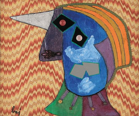 ENRICO BAJ (1924-2003) Testa 1968olio e collage su stoffa cm 54,4x65,5firmato...