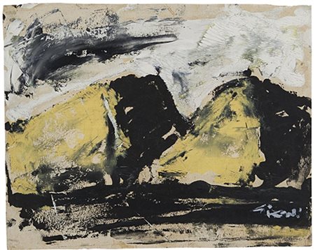 MARIO SIRONI (1885-1961) Montagne gialle olio su carta applicata su tela cm...