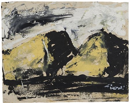 MARIO SIRONI (1885-1961) Montagne gialle olio su carta applicata su tela cm...