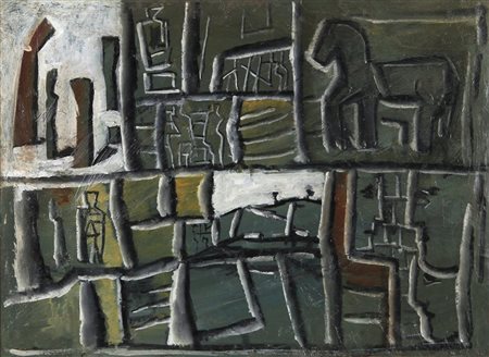 MARIO SIRONI (1885-1961) Composizione 1955 caolio su cartone su tela cm...
