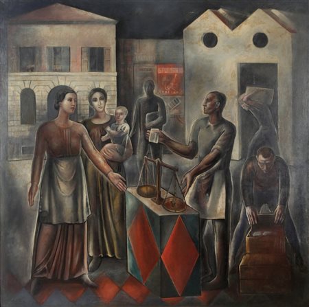 CARPANETTI ARNALDO (1898-1969) Mercato con figure olio su tela cm...