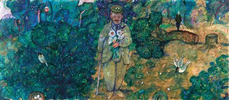 ANTONIO POSSENTI (1933-) La capinera olio su tavola cm 40x90firmato in basso...