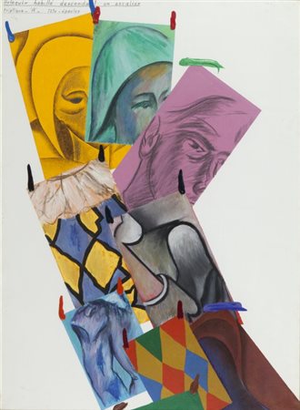 ALDO MONDINO (1938-2005) Arlequin habillé descendant un escalier...