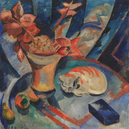 KLEIN CESAR CARL ROBERT ANDREAS (1876-1954) Still life with flowers and cat...