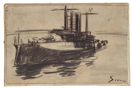 MARIO SIRONI (1885-1961) Nave da guerra 1920 camatita grassa su carta...
