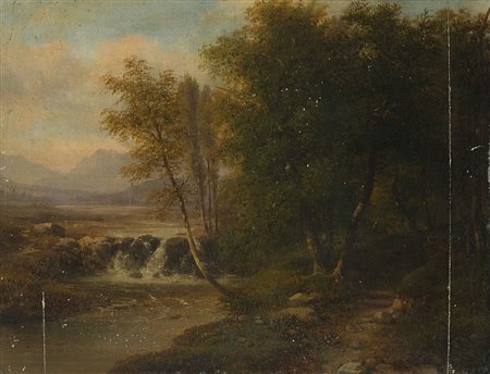 Maestro del XIX secolo "Paesaggio boschivo con torrente e montagne sullo...