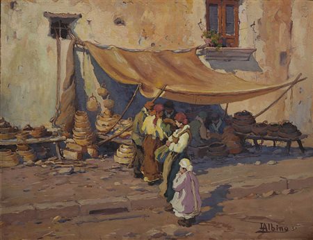 Luca Albino (Maiori 1884 - 1952) - "Mercato" 1931 tecnica mista su cartone...