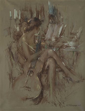 Enrico Felisari (Castelleone 1897 - 1981) - "Ragazza con chitarra" olio su...