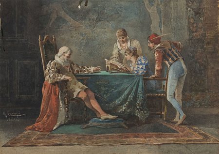 Giacomo Campi (Milano 1846 - 1921) - "La lezione" acquarello su carta (cm...