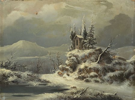 Maestro della fine del XIX secolo "Cappella votiva" olio su tela (cm 35.5x47)...