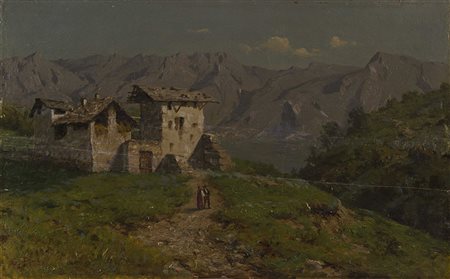 Carlo Pizzi (Lecco 1842 - 1909) - "Paesaggio lacustre con figure, case e...