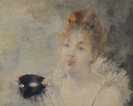 Scuola lombarda "Donna con la maschera nera" acquerello (cm 42x52) In cornice