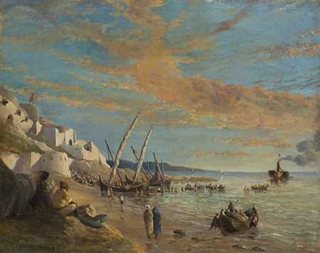 Scuola francese dell'inizio del XX secolo "Esodo dalle coste d'Africa" olio...