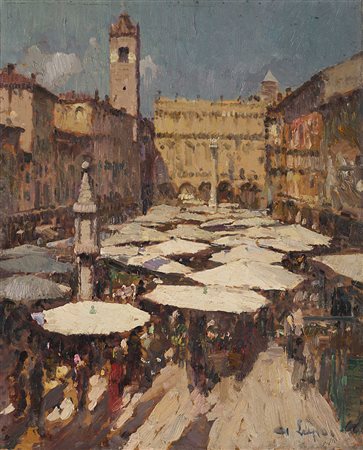 Alessandro Lupo (Torino 1876 - 1953) - "Mercato in Piazza delle Erbe. Verona"...