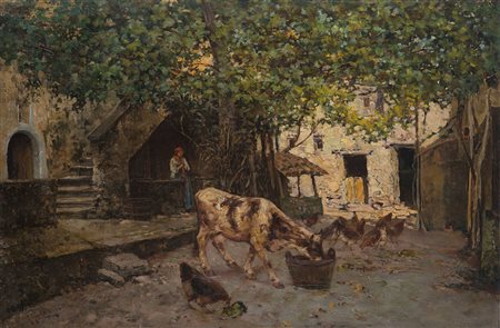 Giuseppe Giardiello (Napoli 1887 - 1920) - "Vita in cascina" olio su tela (cm...