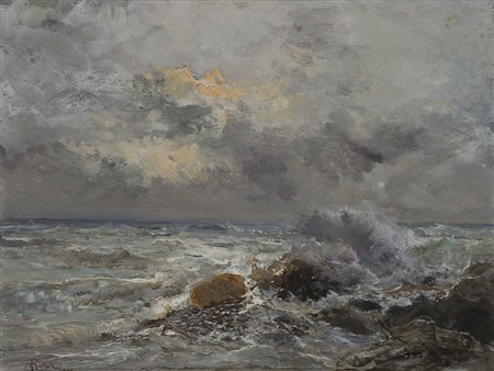 Pompeo Mariani (Monza 1857 - Bordighera 1927) - "Marina con scogliera" olio...