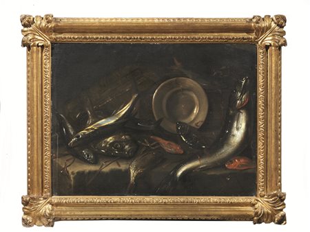 Ambito di Giuseppe Recco, sec. XVIINATURA MORTA CON PESCI E PIATTO IN...