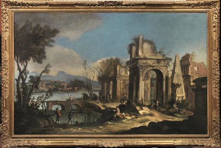 Scuola veneta, sec. XVIIIPAESAGGIO FLUVIALE CON ROVINE CLASSICHE E FIGUREolio...