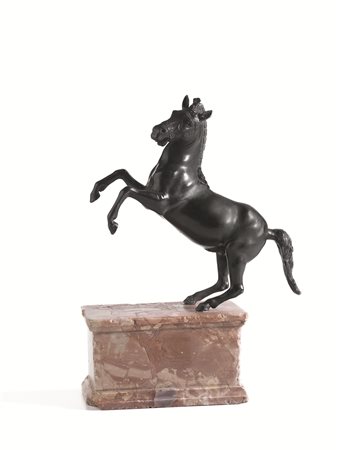 SCULTURA, TOSCANA, SECOLO XVIIin bronzo raffigurante cavallo rampante su base...