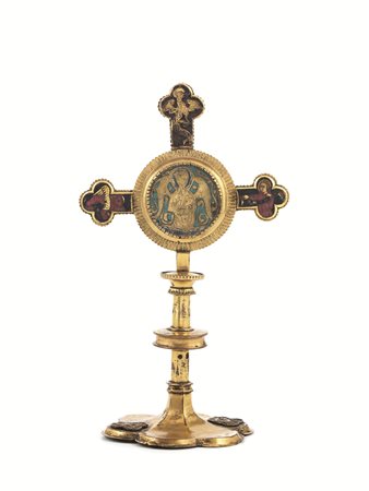 RELIQUIARIO, LIMOGES, SECOLO XIVin bronzo dorato e smalti, base esalobata...