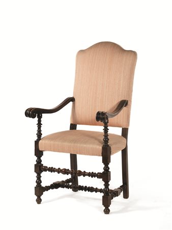 SEGGIOLONE, SECOLO XVIIin noce a patina scura, spalliera sagomata, braccioli...