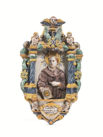 ACQUASANTIERA, SIENA, SECOLO XVIIin maiolica, decorata in giallo, giallo...