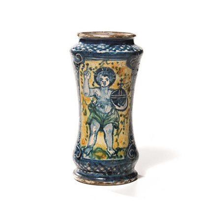 ALBARELLO, COLLESANO, INIZIO SECOLO XVIIin maiolica, di forma allungata e...